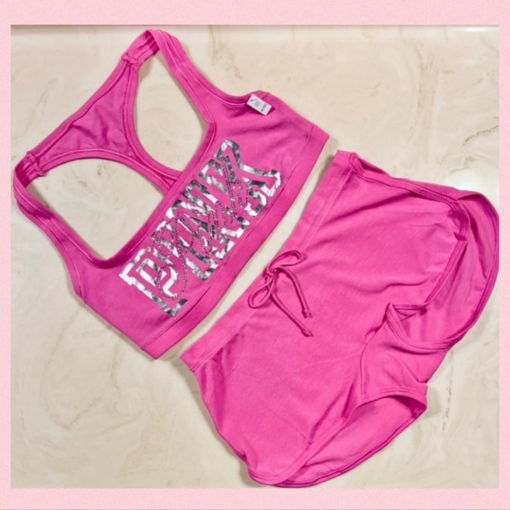 🔥PINK VICTORIA’S SECRET Cotton Dorm Bling Bralette & Boyshorts Strawberry Pink L